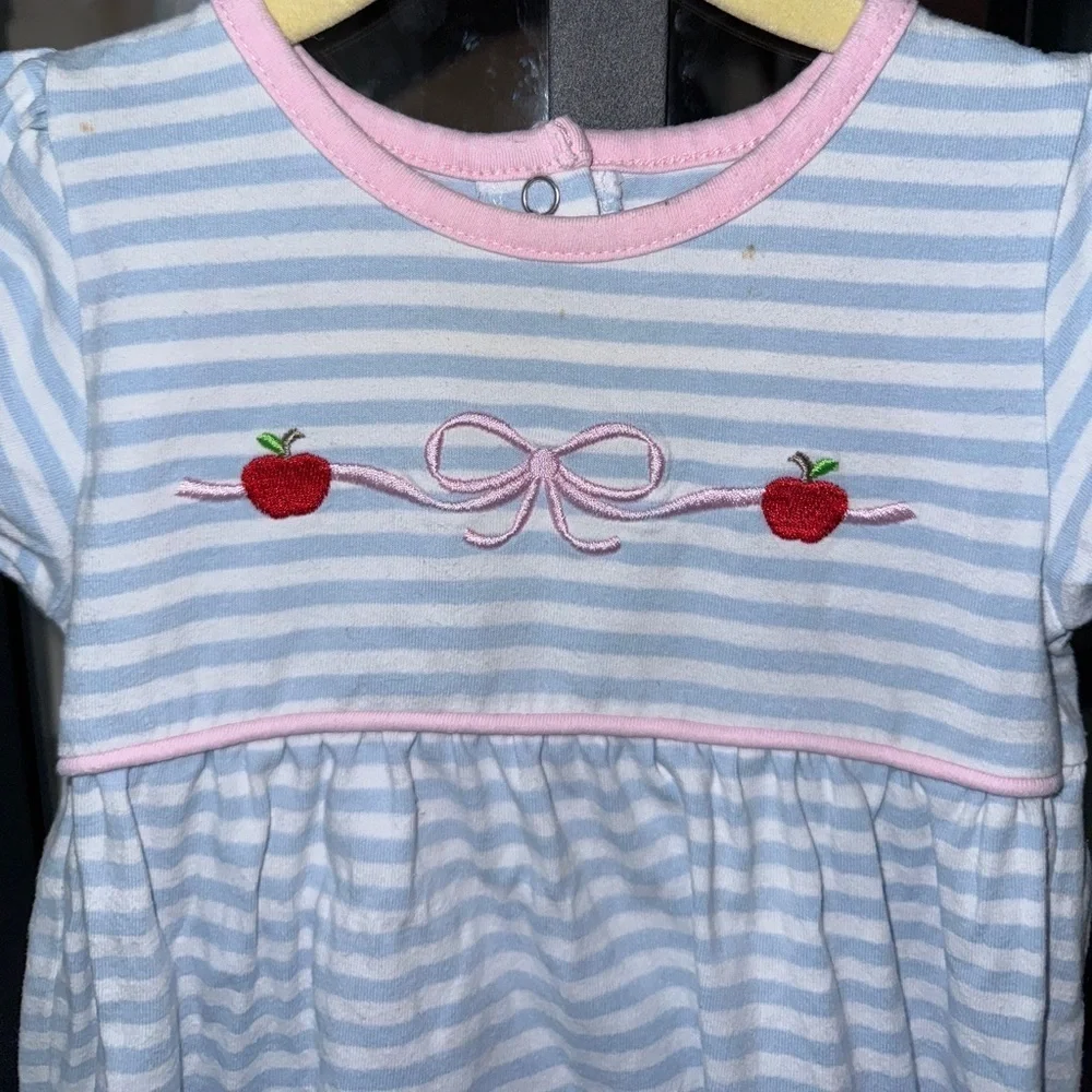 Trotter Street Kids bows apples appliqué bubble romper striped baby girl school